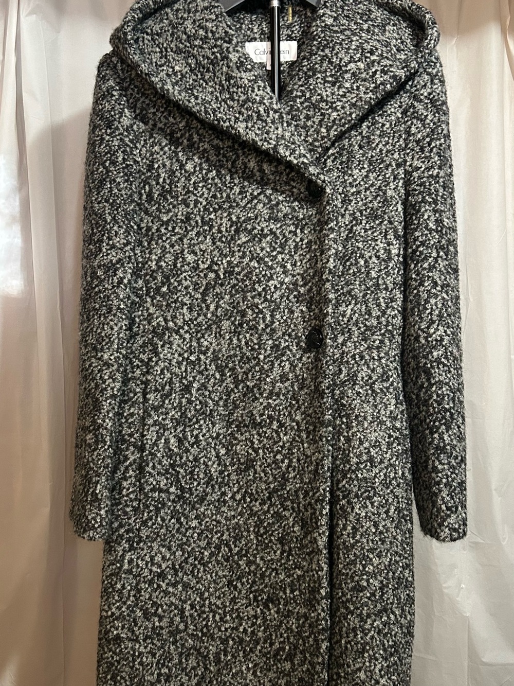 Calvin Klein Black & White Wool Blend Bouclé Hooded Coat Size 6